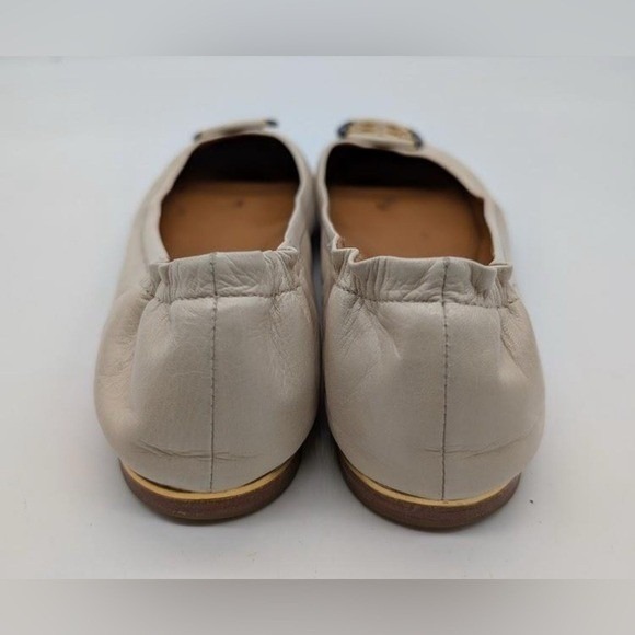 Tory Burch Eleanor Ballet Flats Cream Leather Gold Logo Round Toe Women 8.5M